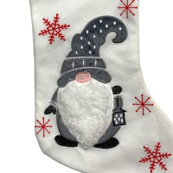 Gnome Christmas Stocking Embroidery Embellishments 17 inches White Grey - Picture 2 of 14
